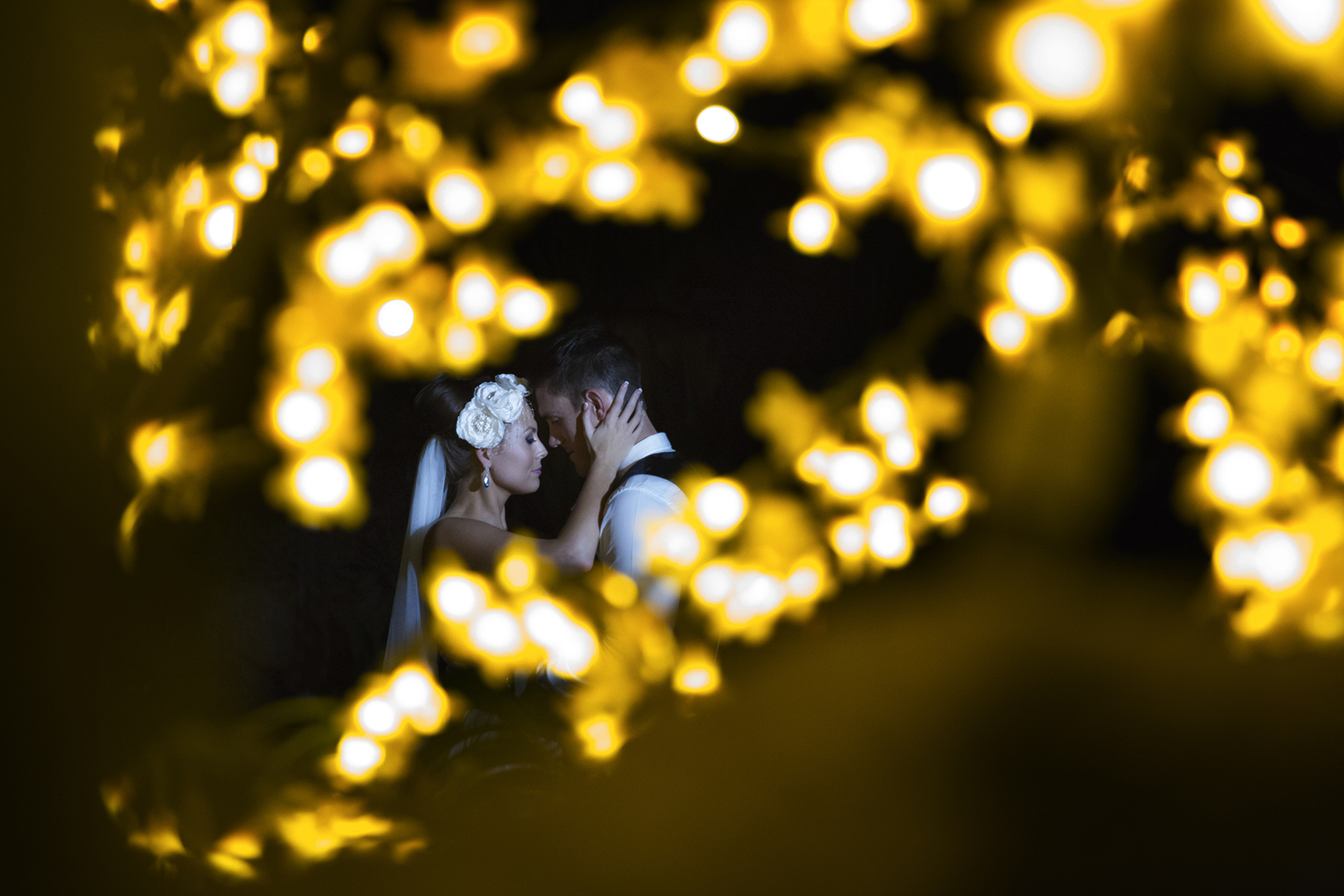 A bride and groom hugging with lights in the foreground at Villa Botanica.